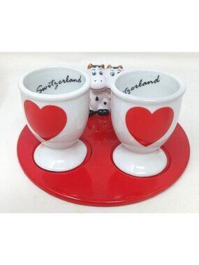 Cow Egg Cups W/ Plate Creation Melpa Bulle Switzerland Hearts Love FarmCore H-9
